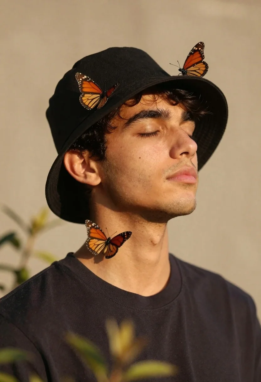 Serene portrait of young man with closed eyes and monarch butterflies - AI generated image prompt sample