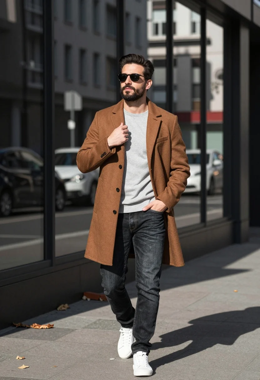 Stylish man walking on urban street in brown coat and jeans - AI generated image prompt sample