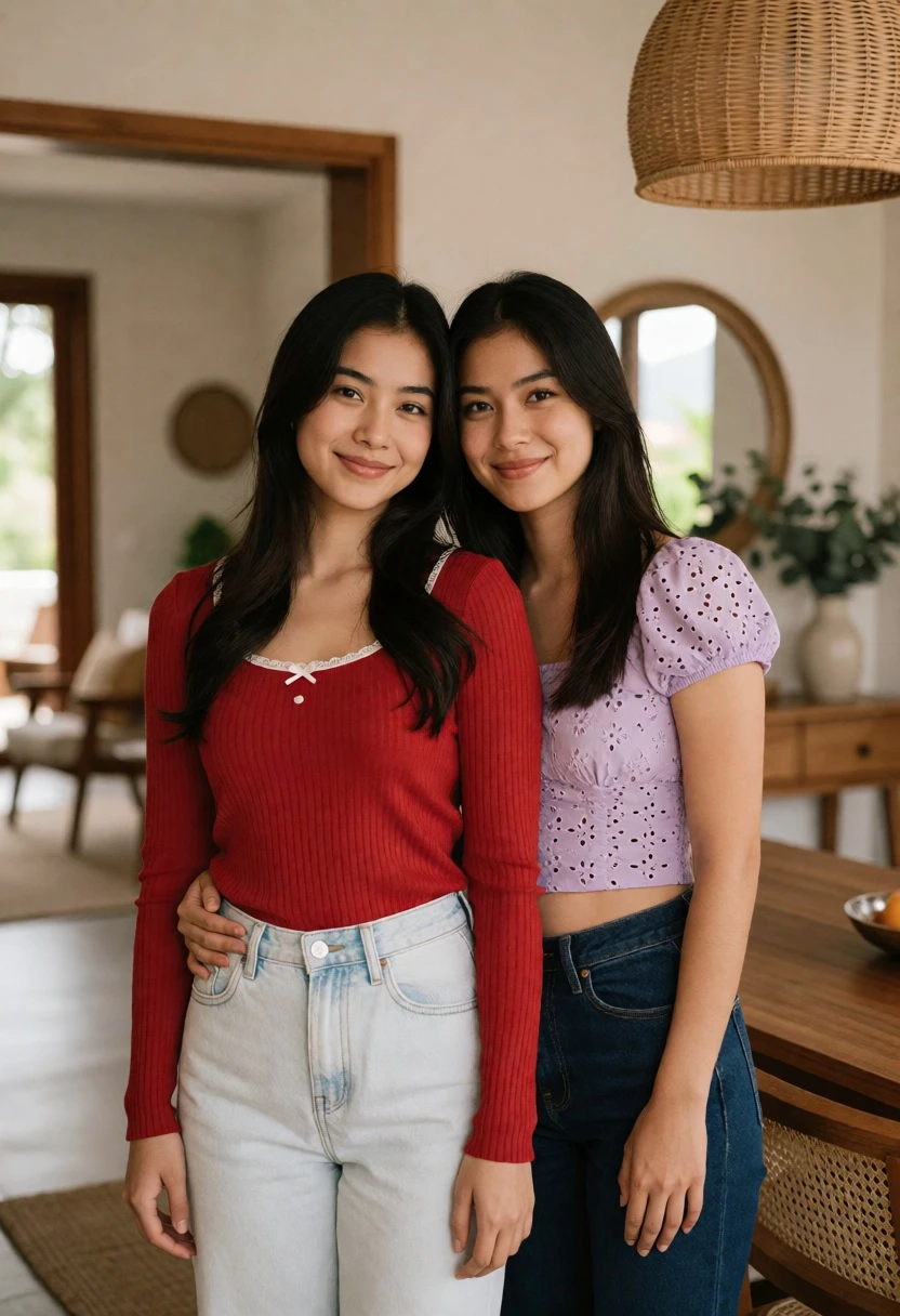 Two young women posing closely inside a bright modern home interior setting - AI generated image prompt sample