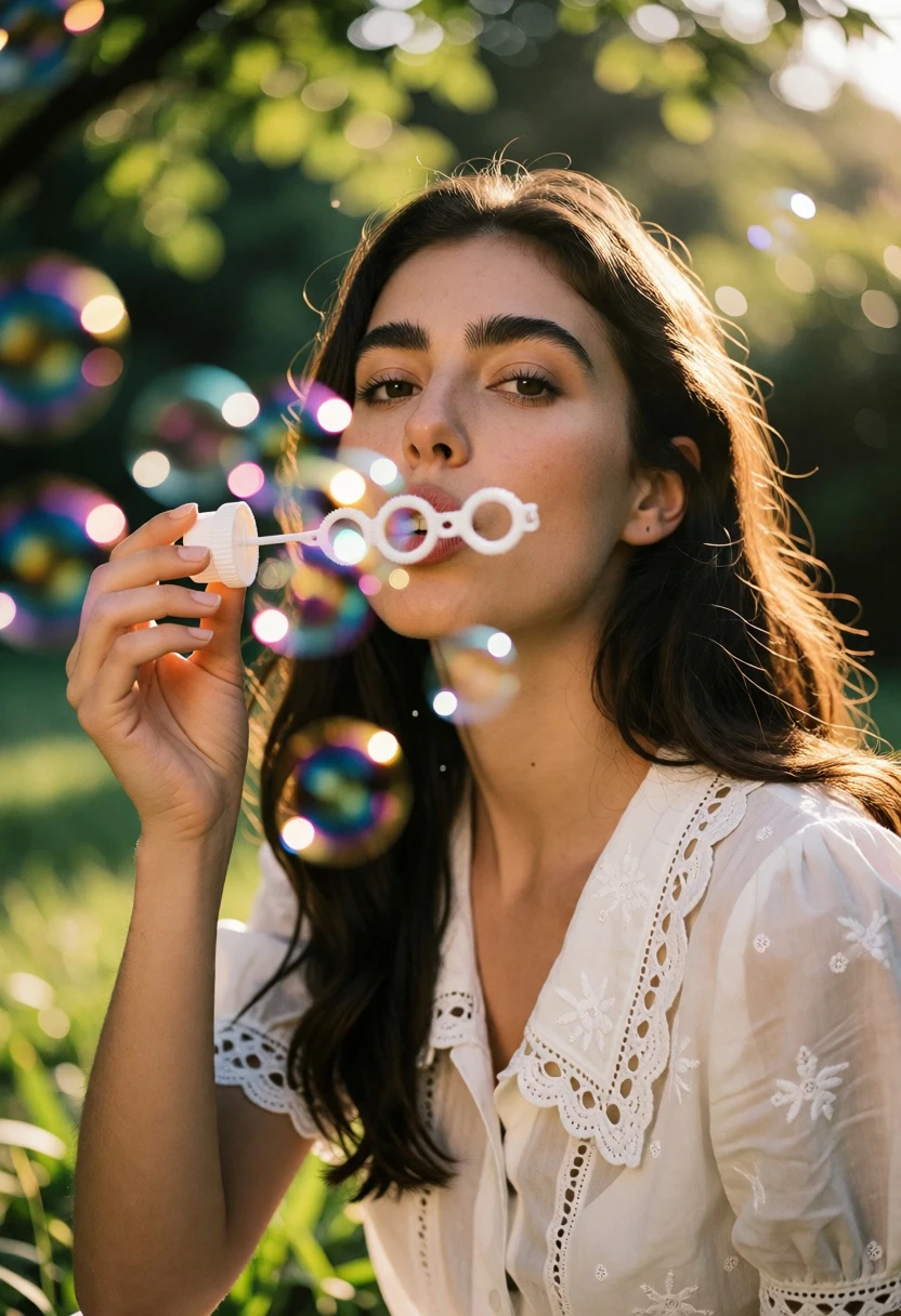 Young woman blowing soap bubbles in a sunlit green garden setting - AI generated image prompt sample