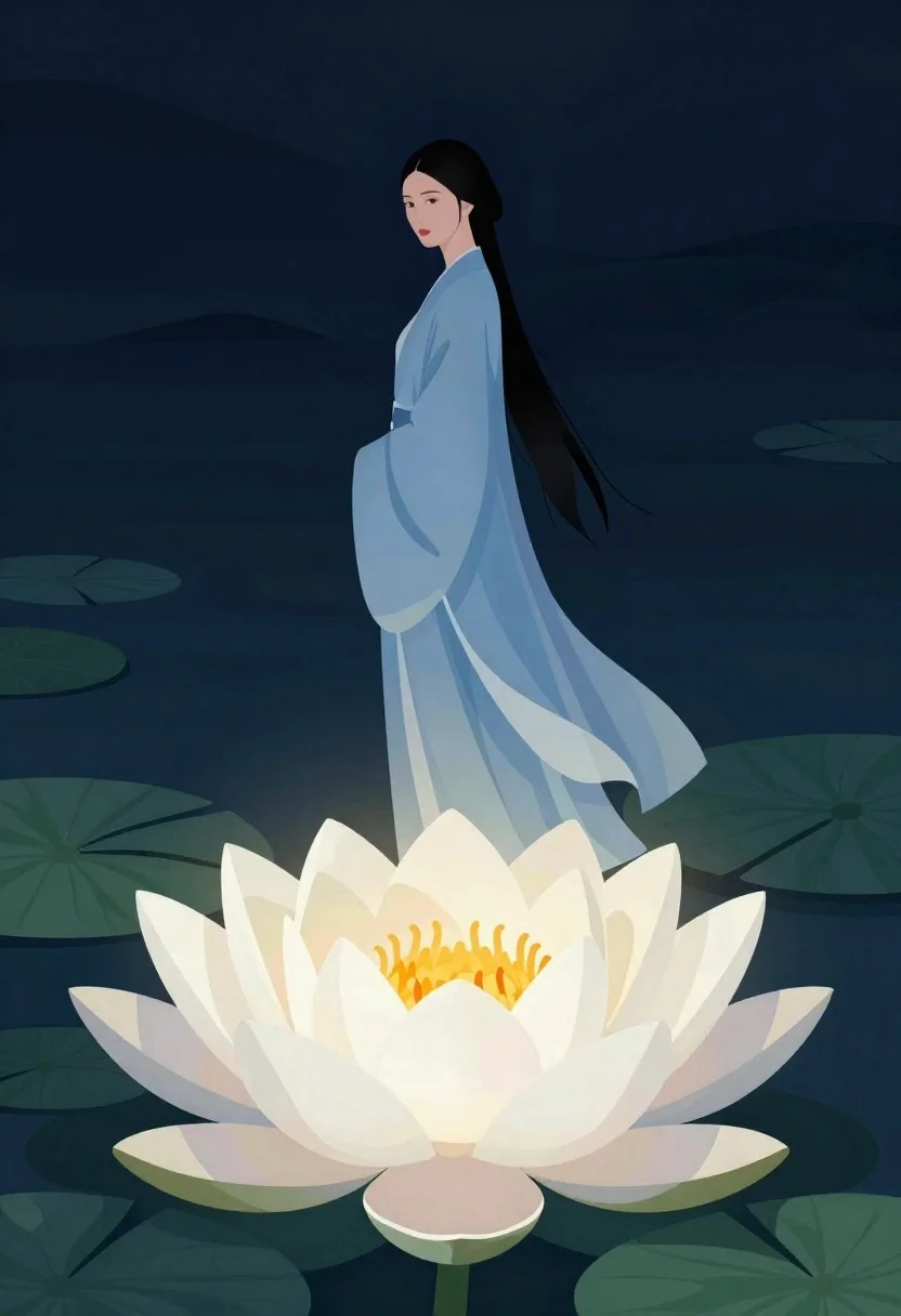 Woman standing above glowing lotus flower in dark setting