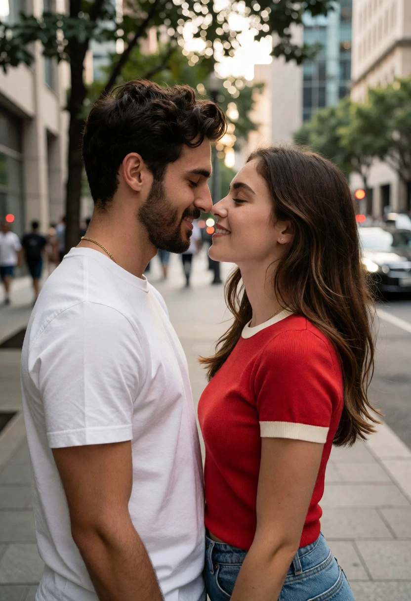 Intimate portrait of couple on city sidewalk with soft daylight - AI generated image prompt sample