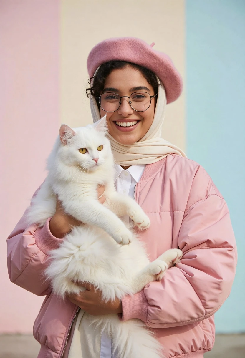 Smiling woman holding white cat against pastel colored studio background - AI generated image prompt sample