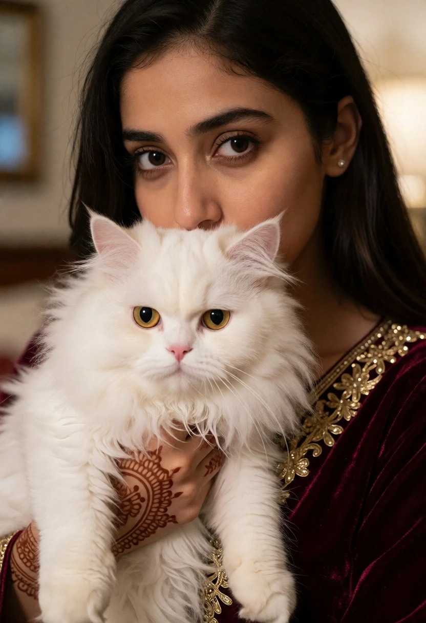 Close up portrait of woman holding fluffy white cat indoors - AI generated image prompt sample