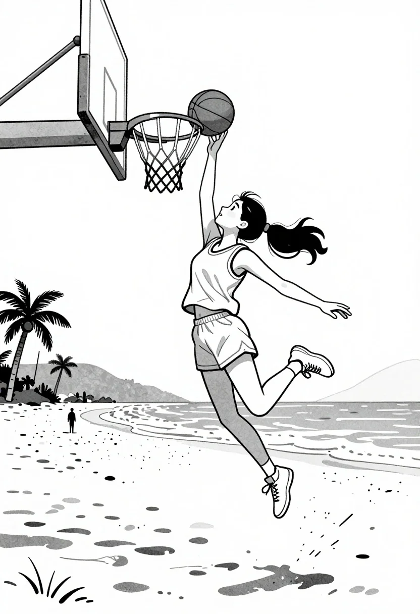 Girl jumping high to dunk basketball on a sandy beach near ocean - AI generated image prompt sample