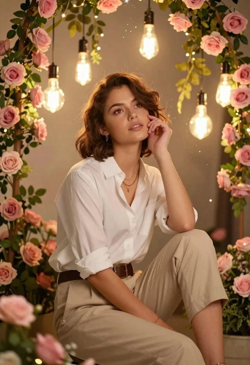 Young woman with brown hair sitting among hanging roses and lights - AI generated image prompt sample
