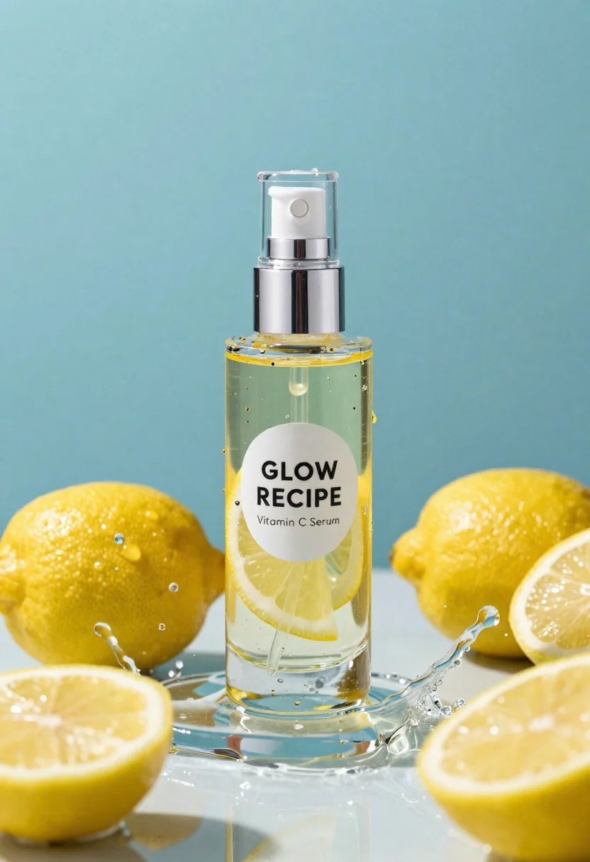 Clear glass serum bottle with lemons and water splashes in studio - AI generated image prompt sample