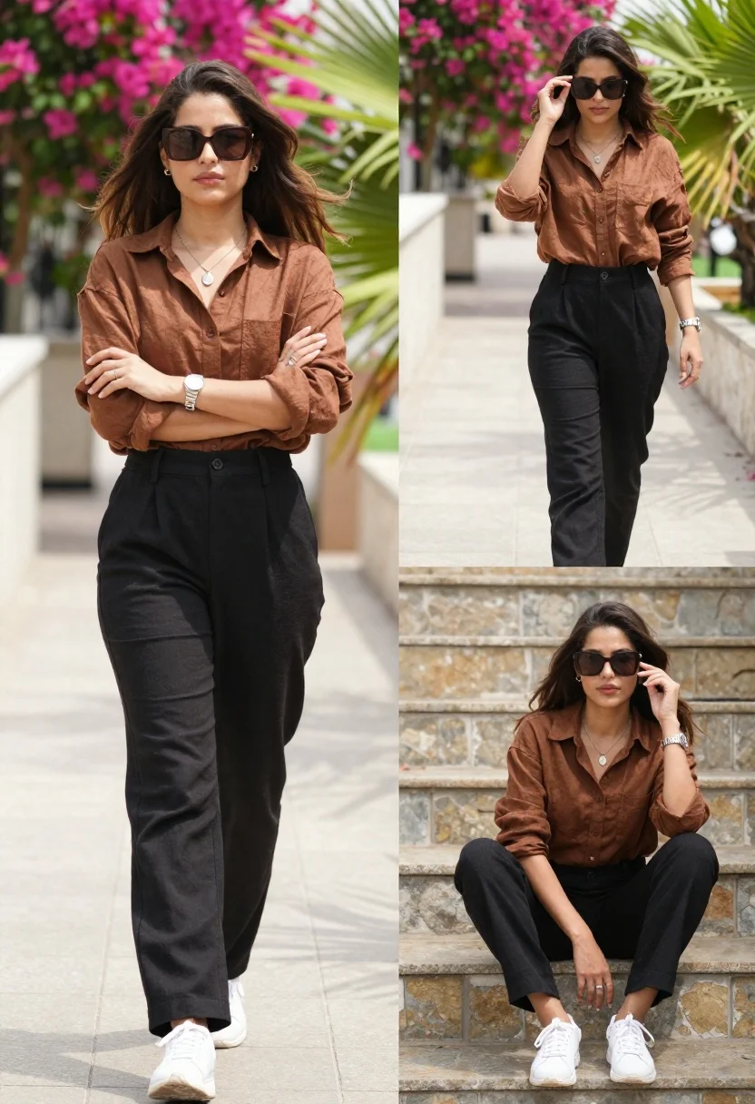 Stylish woman in brown shirt and black trousers posing outdoors collage - AI generated image prompt sample