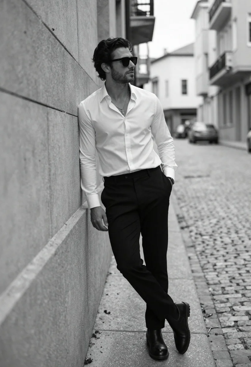 Stylish man in white shirt leaning against concrete wall on cobblestone street - AI generated image prompt sample
