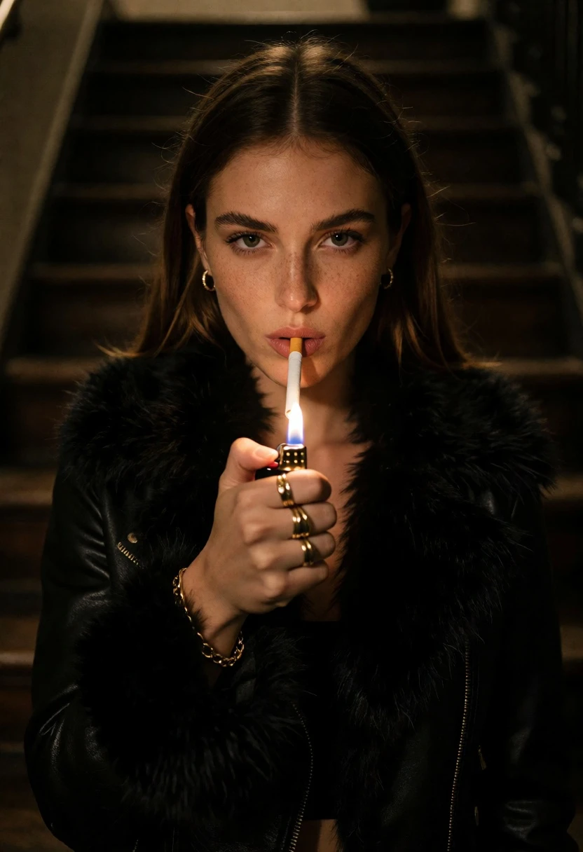 Woman in black fur jacket lighting cigarette on dark wooden staircase - AI generated image prompt sample