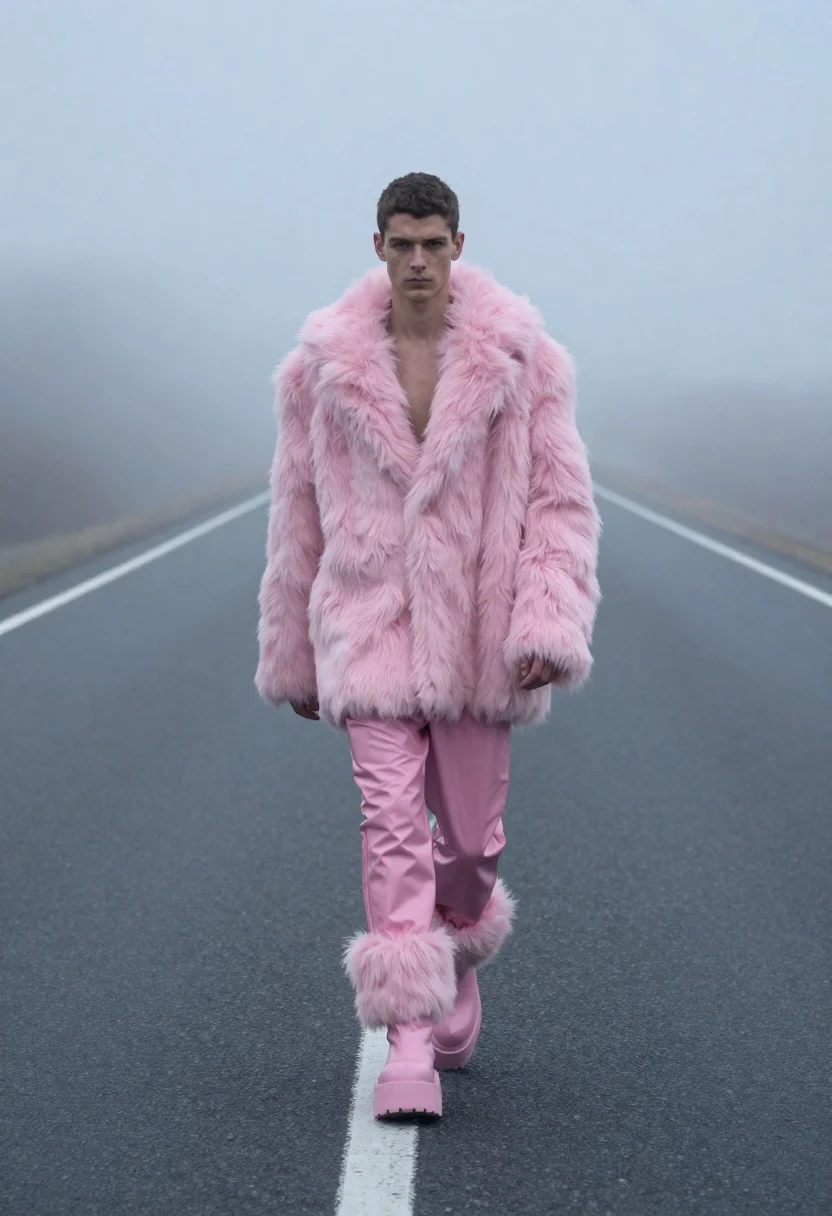Man in pink coat walking on foggy empty highway