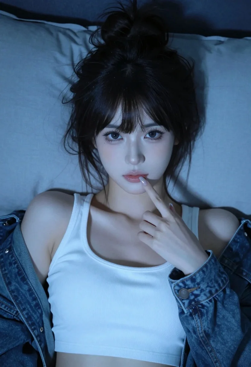 Close up portrait of young woman in white crop top on bed - AI generated image prompt sample