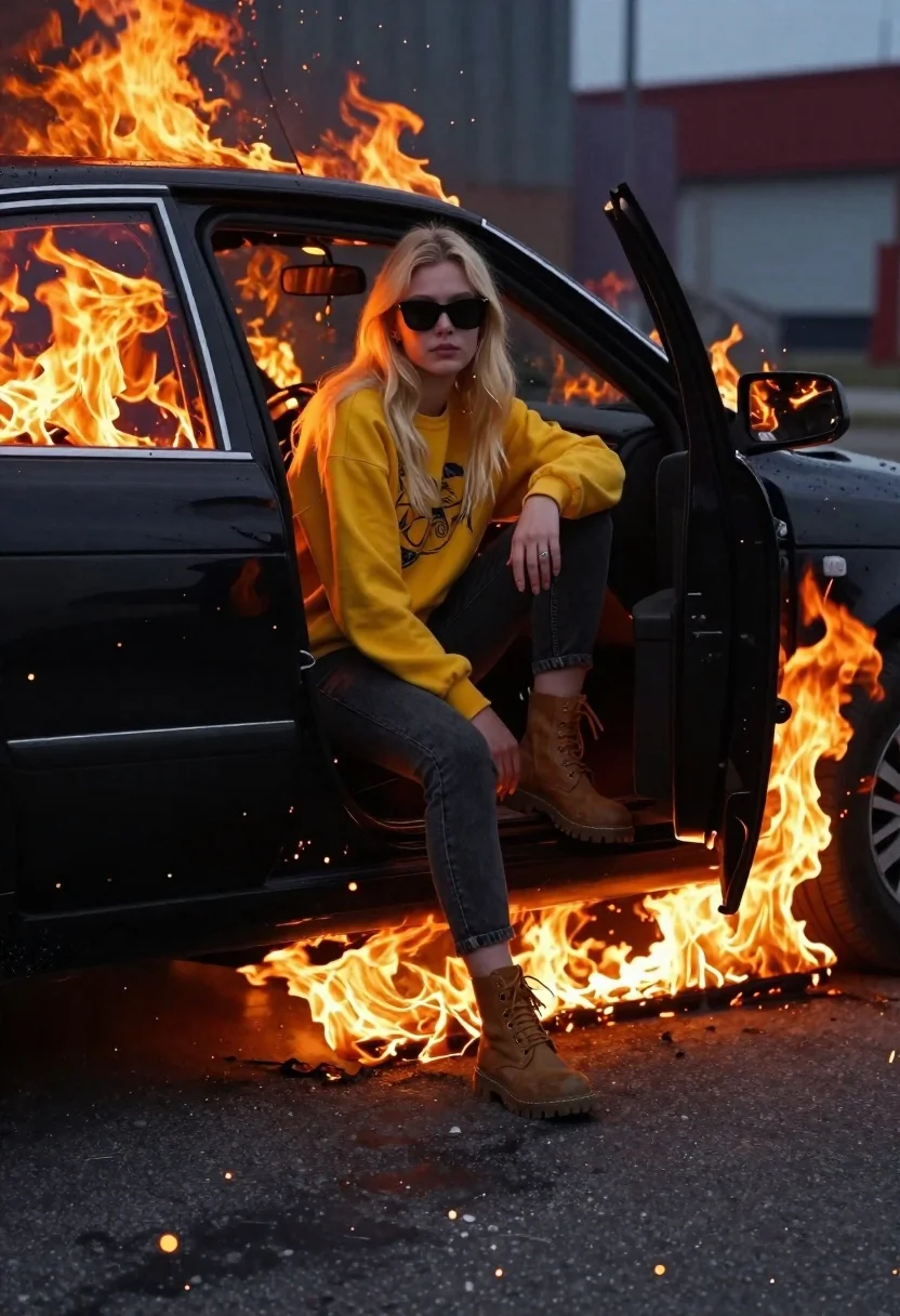 Young blonde woman sitting on burning black sedan door low angle shot - AI generated image prompt sample