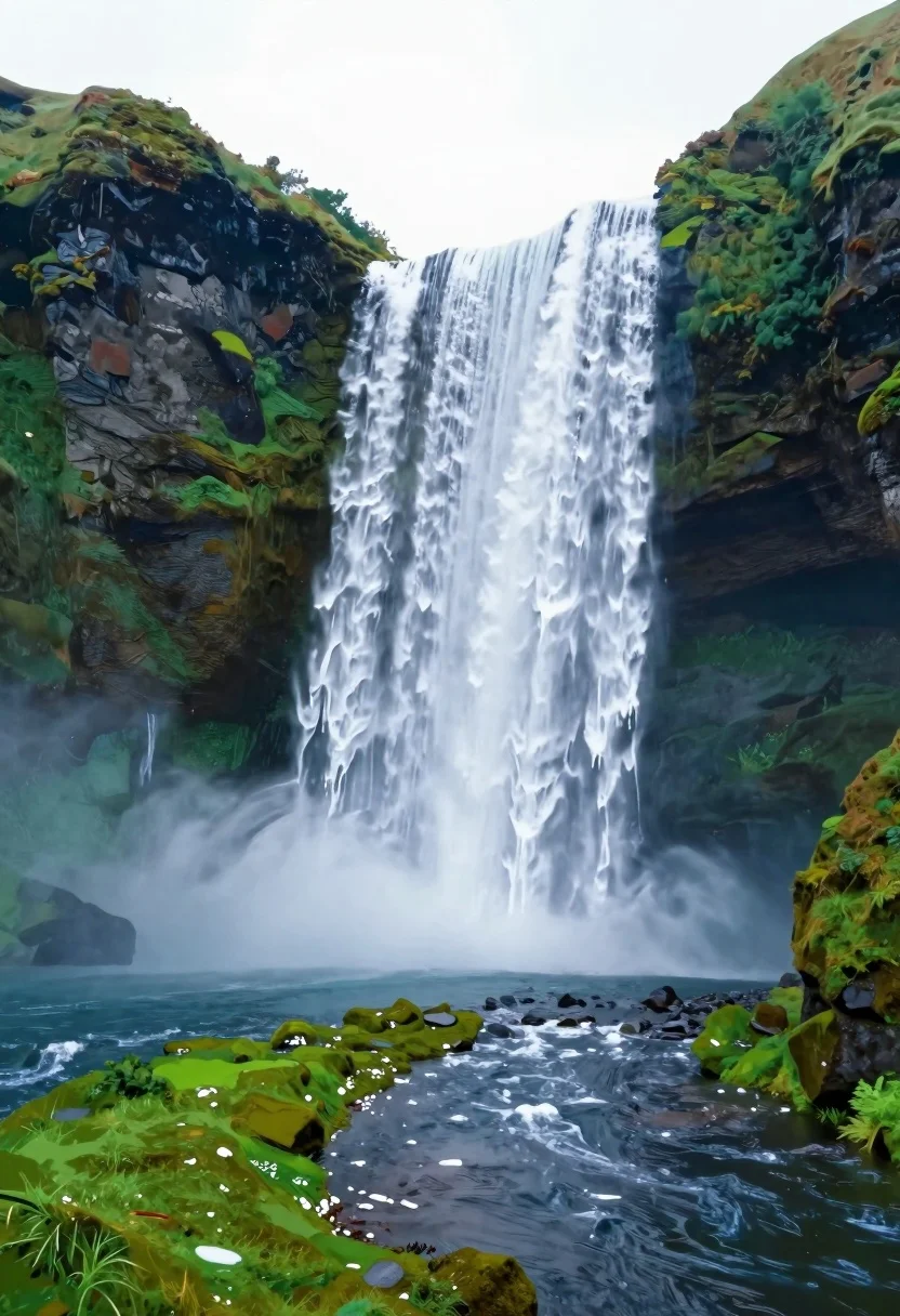 Majestic waterfall plunging into a deep pool surrounded by lush greenery - AI generated image prompt sample