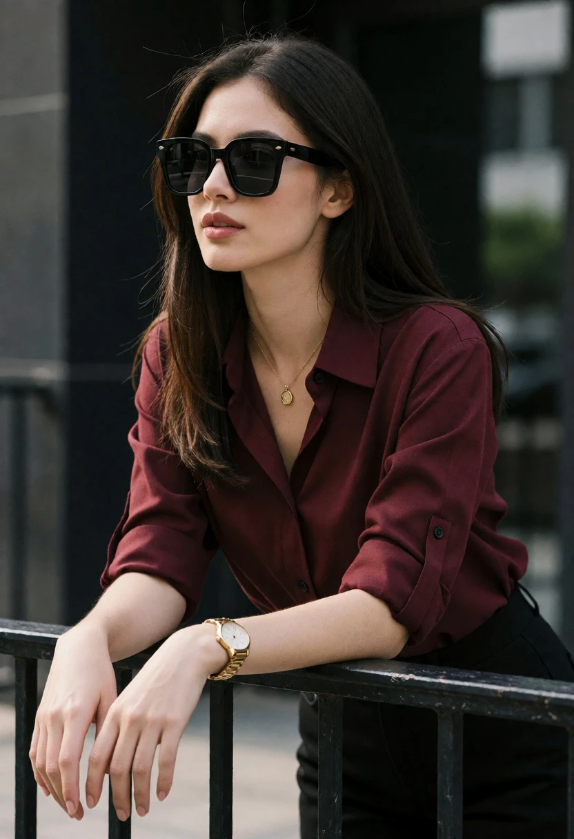 Stylish woman leaning on railing in urban setting with dark hair - AI generated image prompt sample
