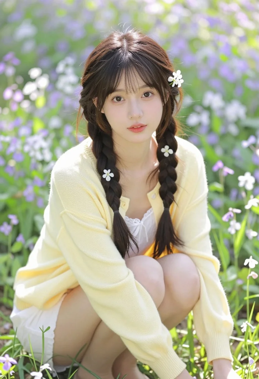 Young woman with dark braids in yellow cardigan among wildflowers meadow - AI generated image prompt sample
