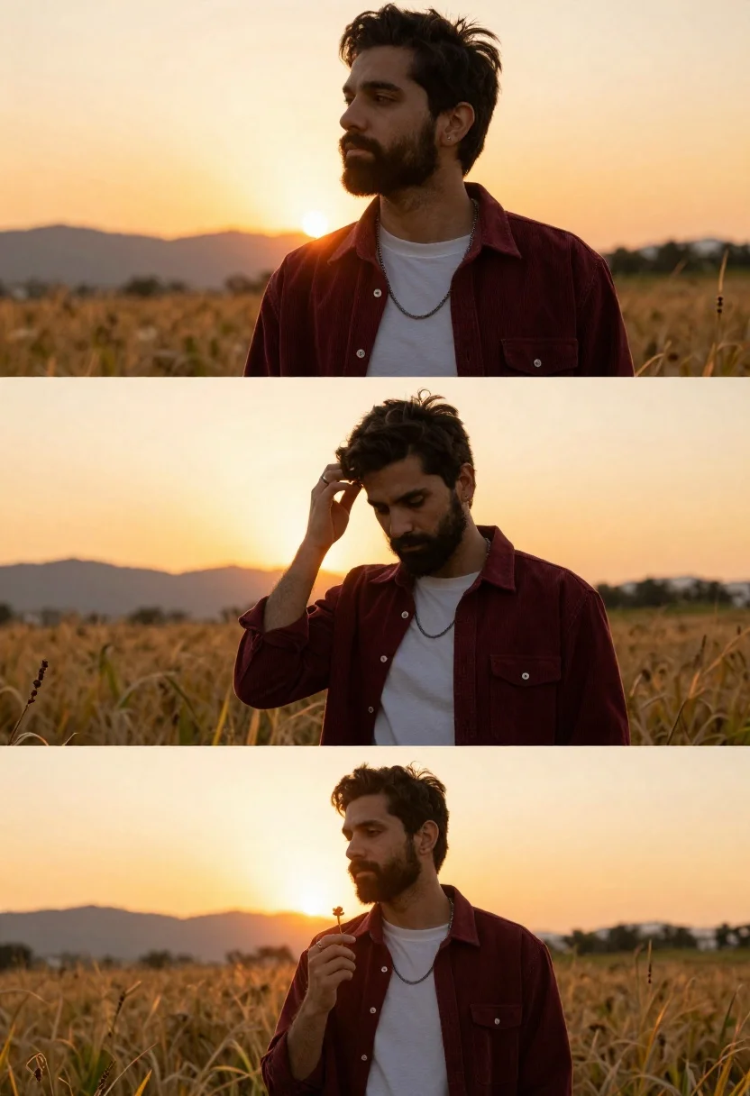 Young man in maroon shirt standing in golden field at sunset - AI generated image prompt sample