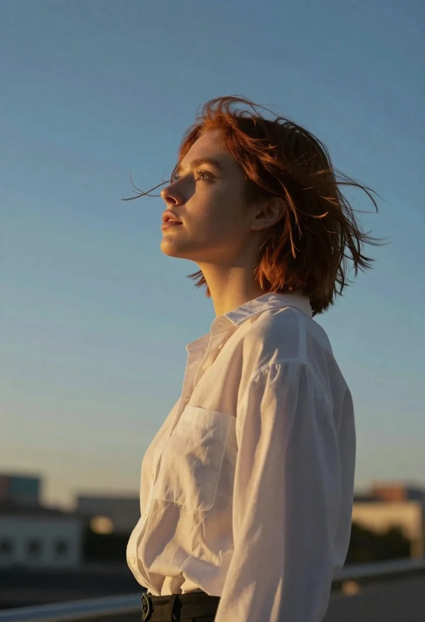 Young woman in white blouse stands in profile against blue sky at - AI generated image prompt sample