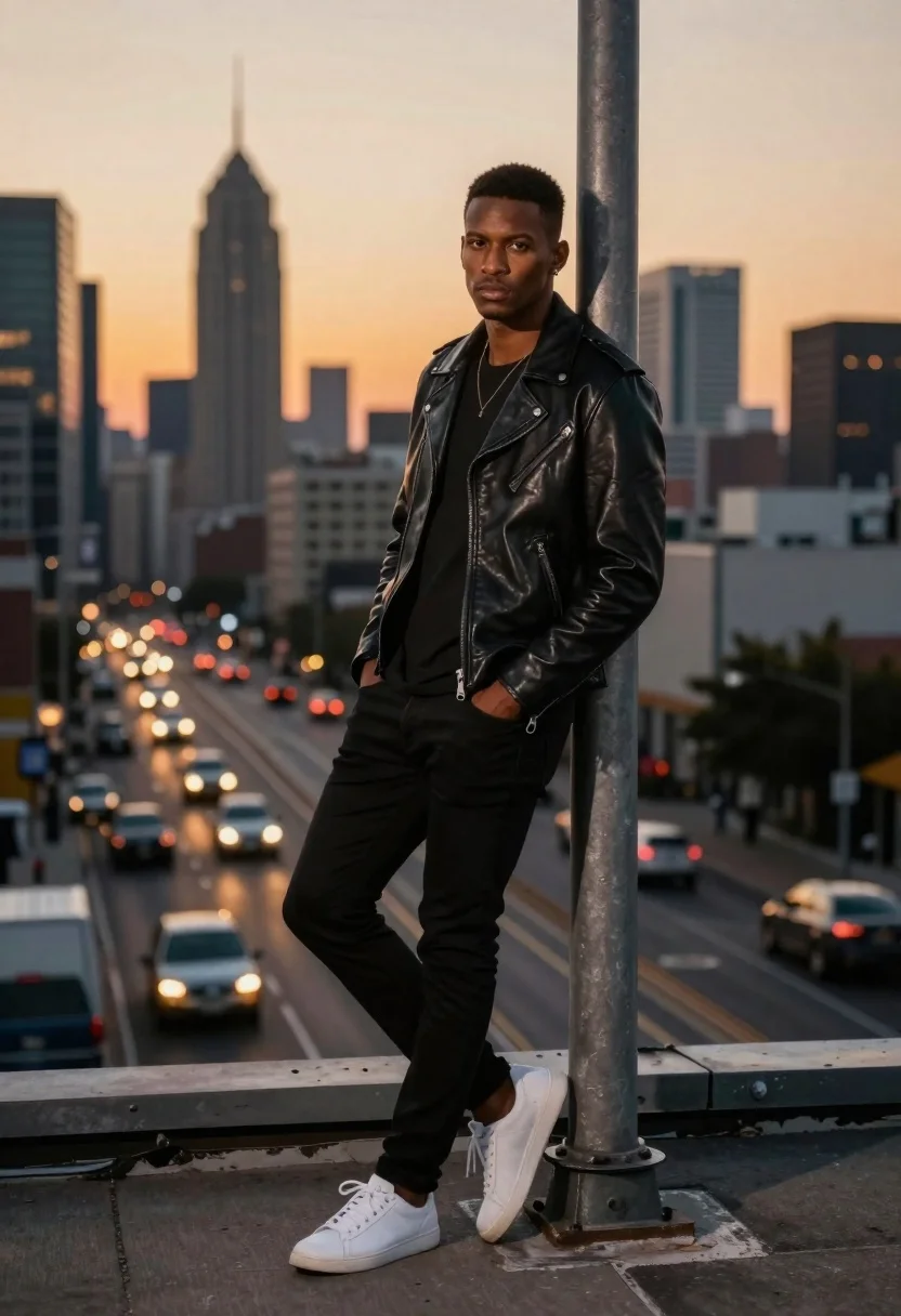 Stylish man leaning on pole overlooking city at dusk