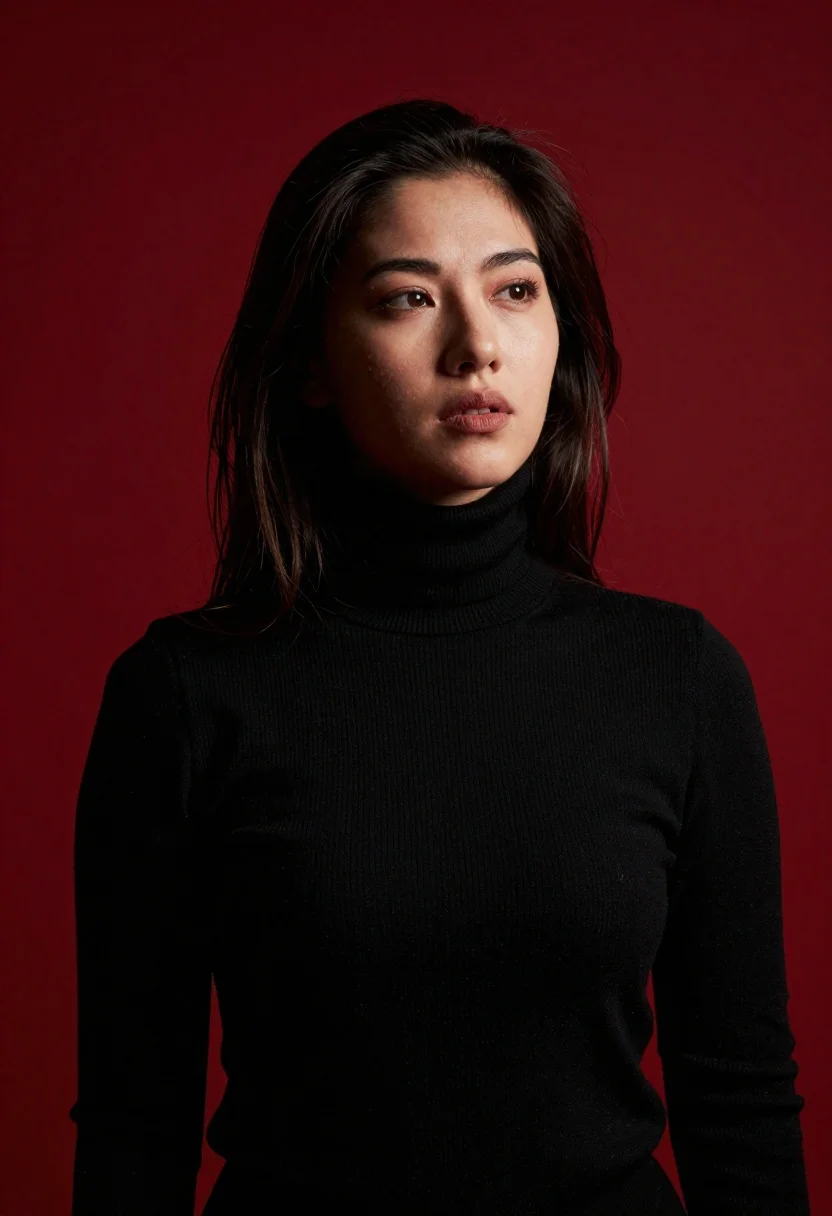 Moody portrait of woman in black turtleneck against red background - AI generated image prompt sample