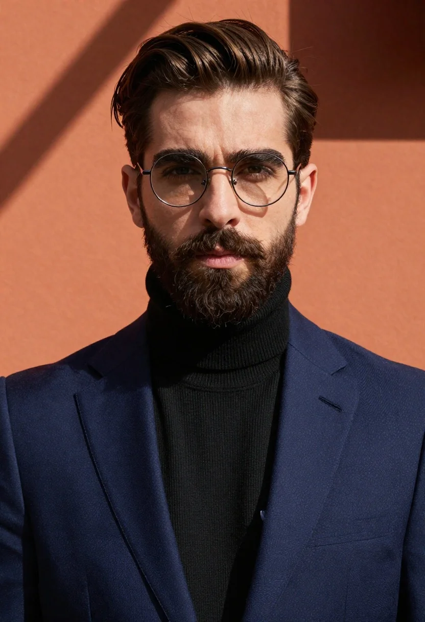 Stylish man in suit against orange wall with shadows