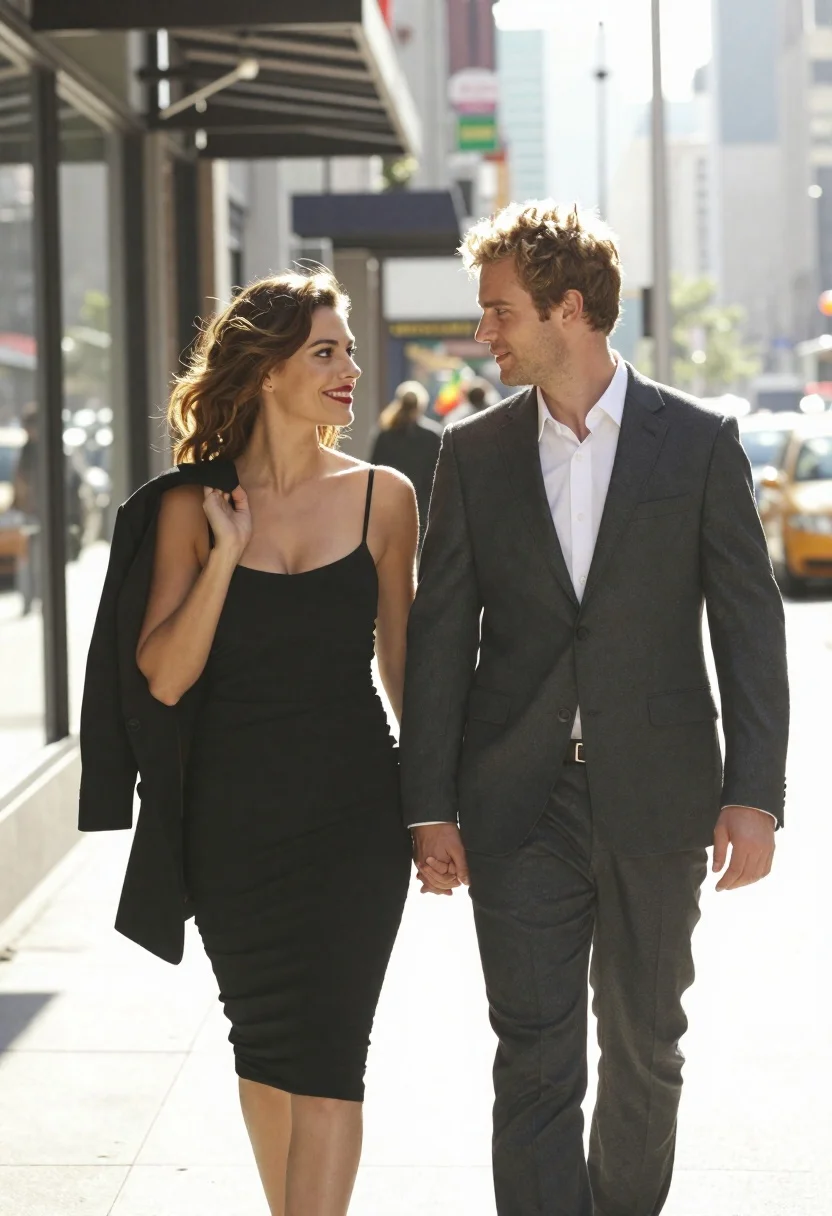 Couple walking hand in hand on sunny city sidewalk