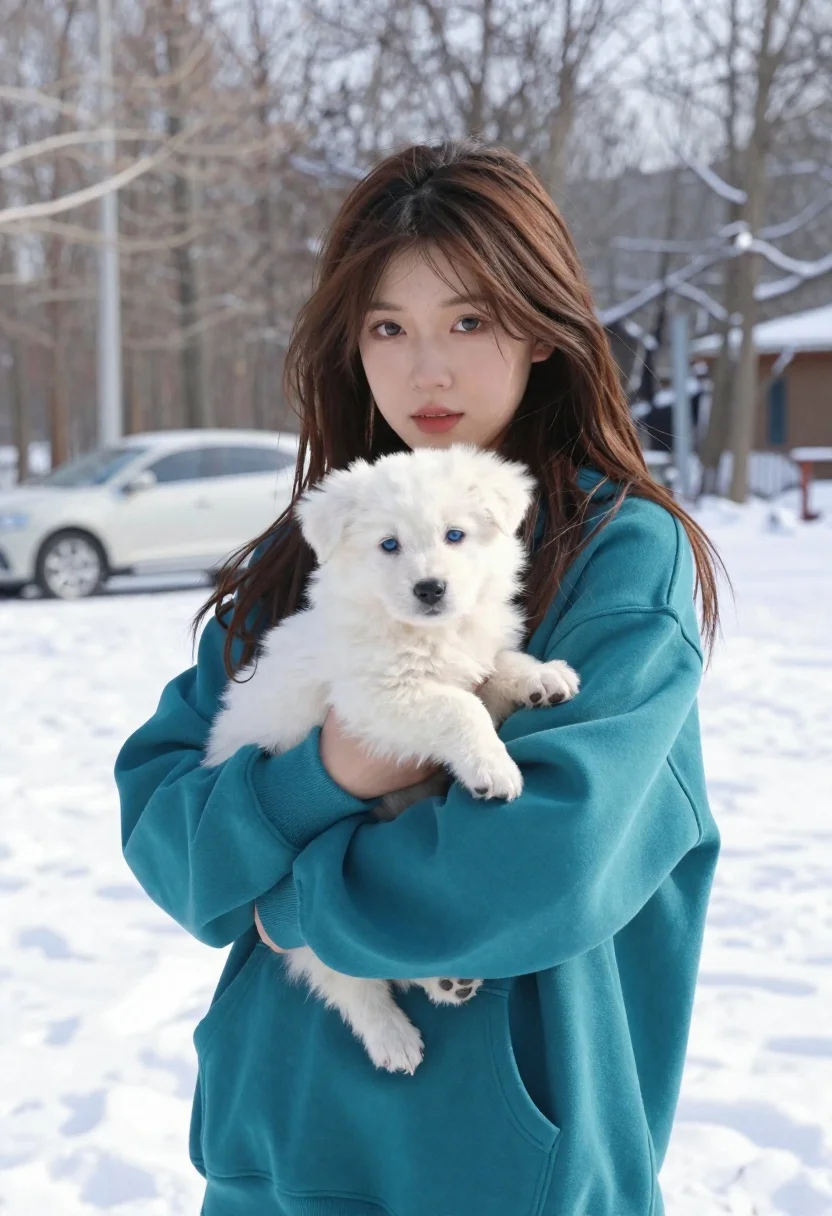 Young woman in teal hoodie holding fluffy white puppy in snowy winter - AI generated image prompt sample