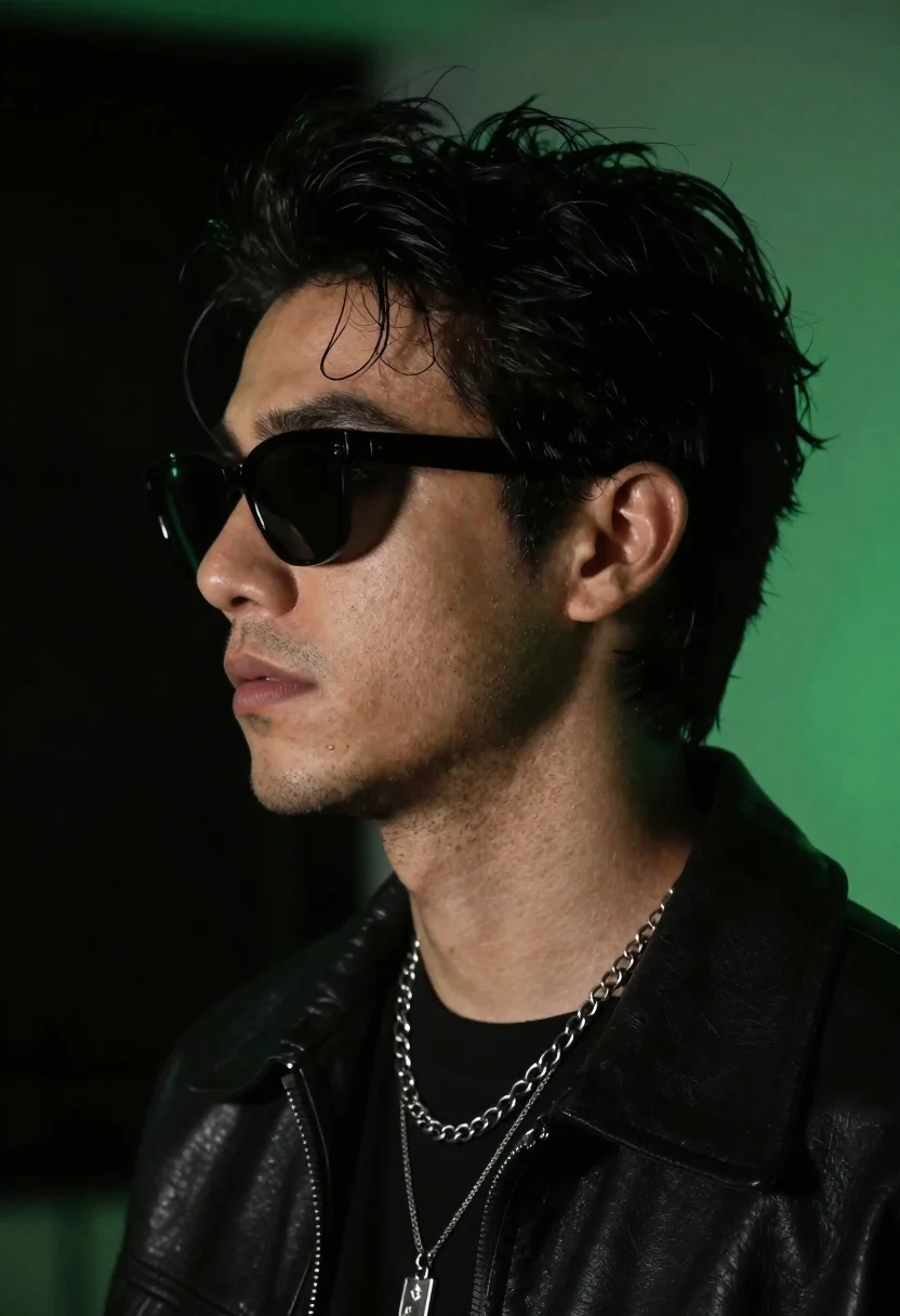 Close up profile portrait of young man in black jacket against dark - AI generated image prompt sample