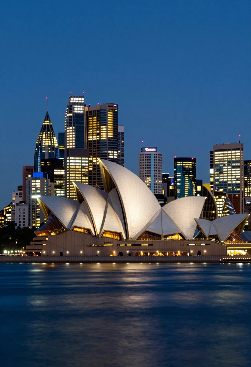 Sydney opera house illuminated against glowing skyscrapers and calm blue harbor at - AI generated image prompt sample