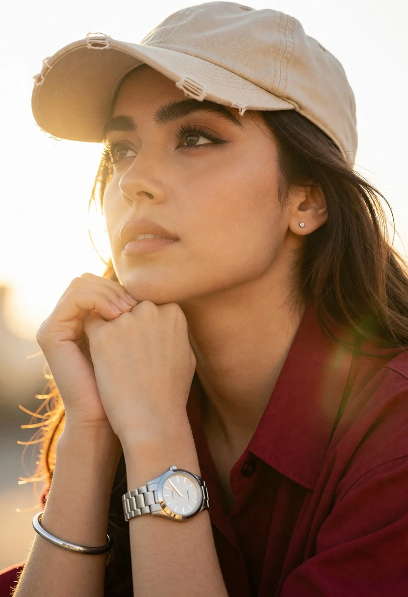 Close up portrait of young woman looking upward in golden hour sunlight - AI generated image prompt sample