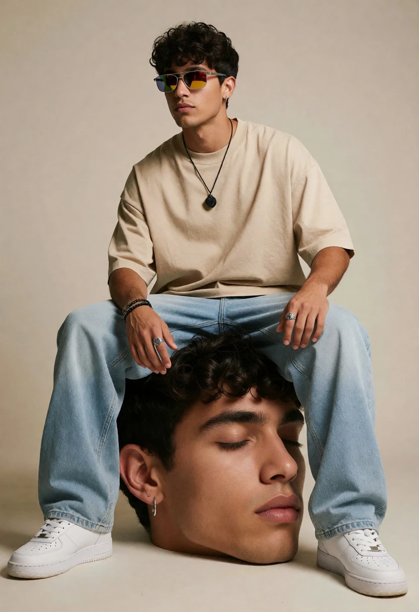 Surreal portrait of two young men in a beige studio setting - AI generated image prompt sample