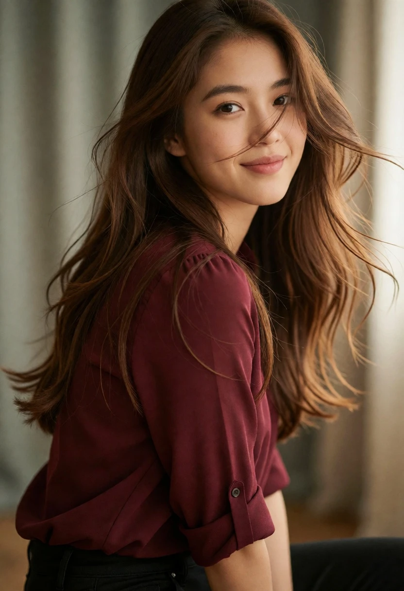 Young woman looking back over shoulder in maroon blouse against muted drapes - AI generated image prompt sample