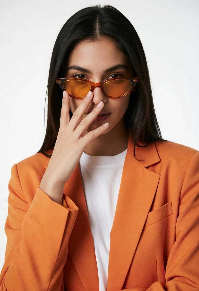 Confident woman in orange blazer posing against a bright seamless white studio - AI generated image prompt sample
