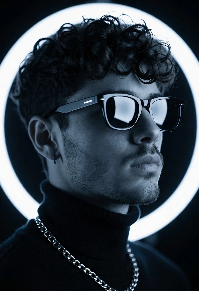 Close up portrait of young man in black turtleneck against neon ring - AI generated image prompt sample