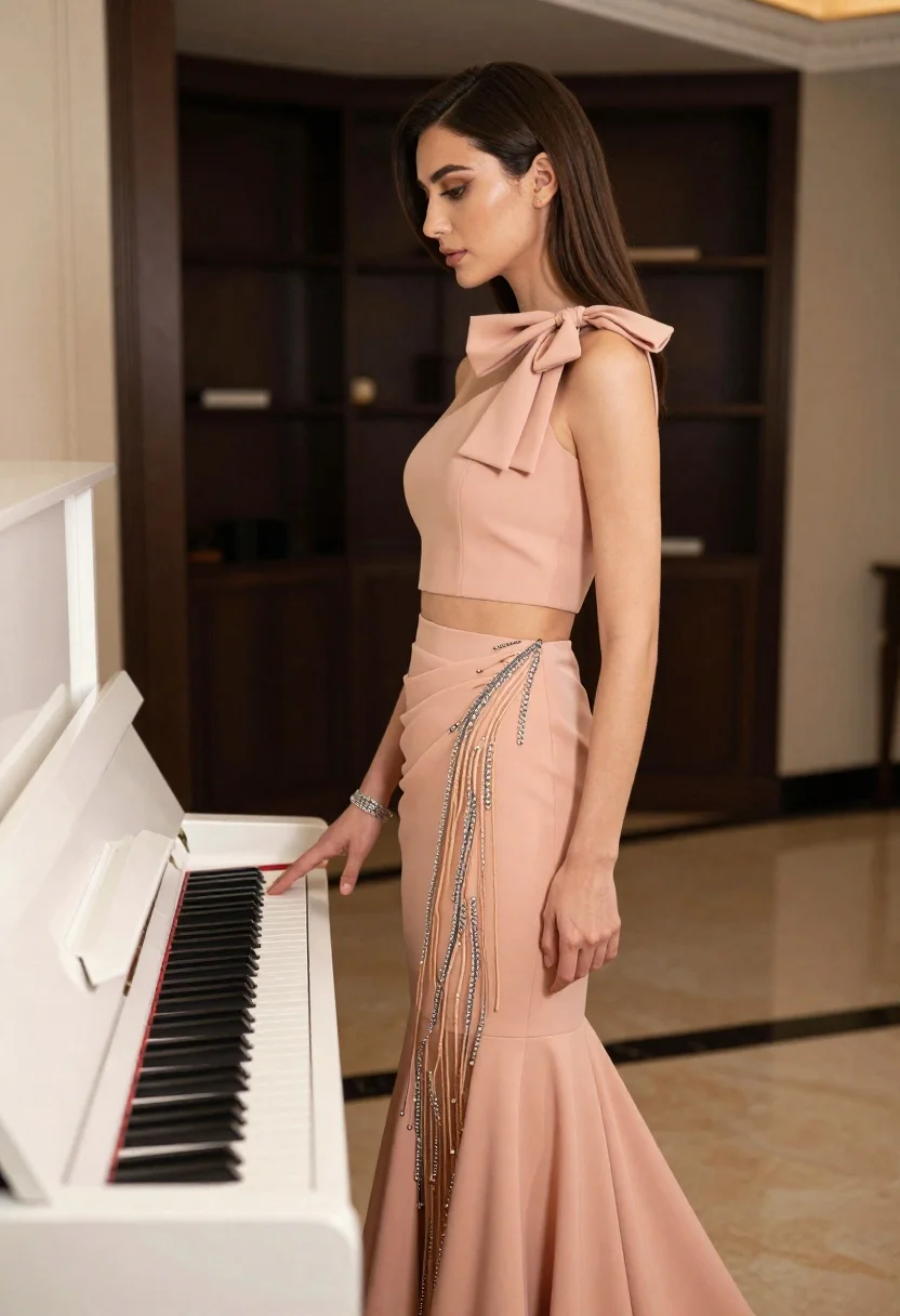 Woman in peach ensemble standing by white upright piano indoors