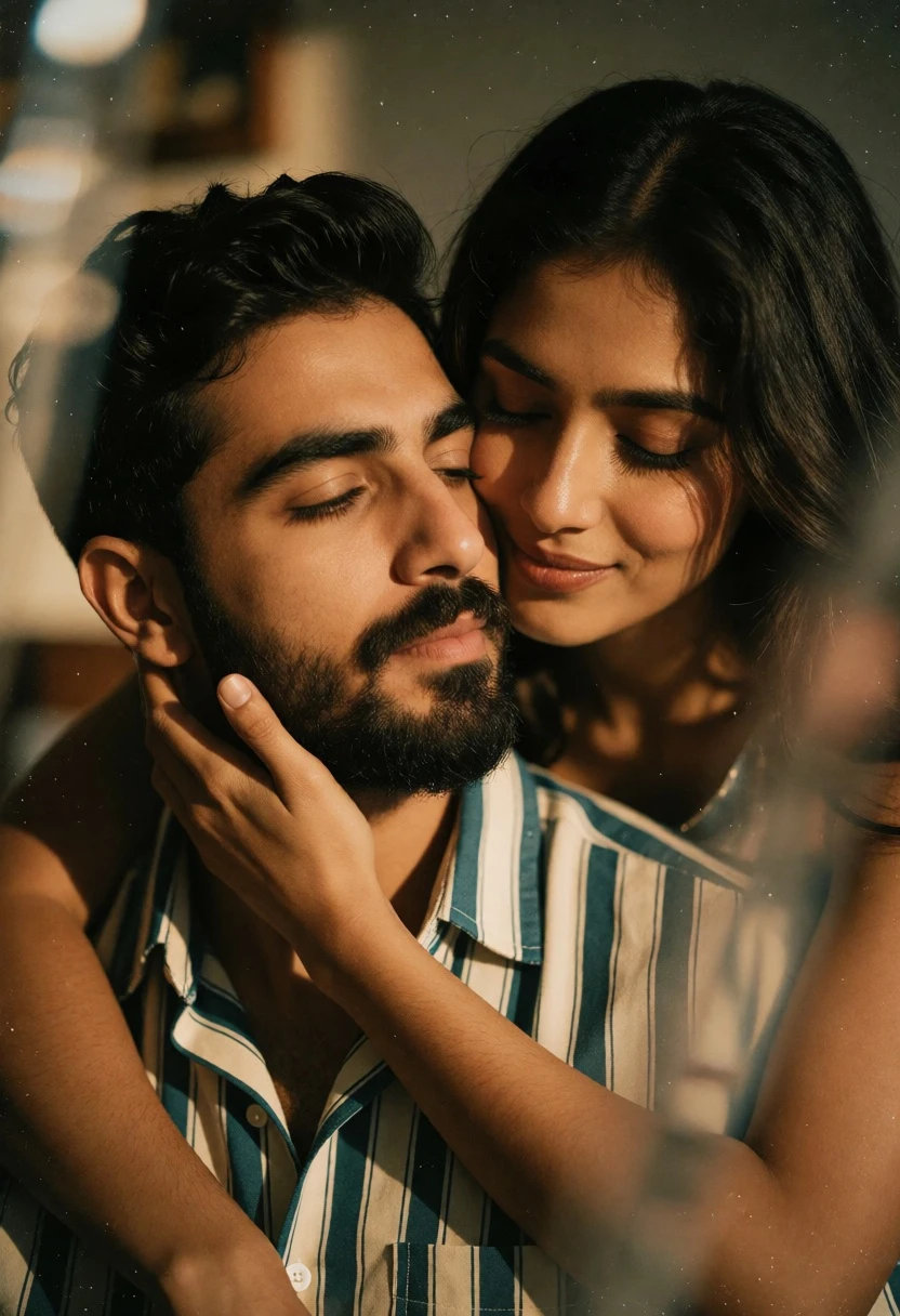 Intimate close up portrait of couple sharing moment in warm indoor light - AI generated image prompt sample