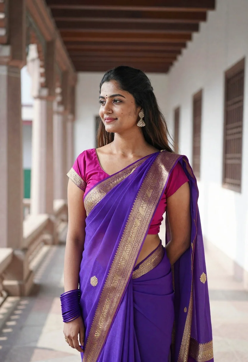 Young woman in vibrant purple saree standing in stone architectural corridor