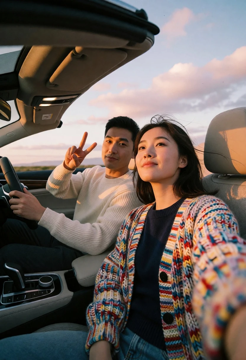 Couple taking selfie in convertible car during golden hour sunset drive - AI generated image prompt sample
