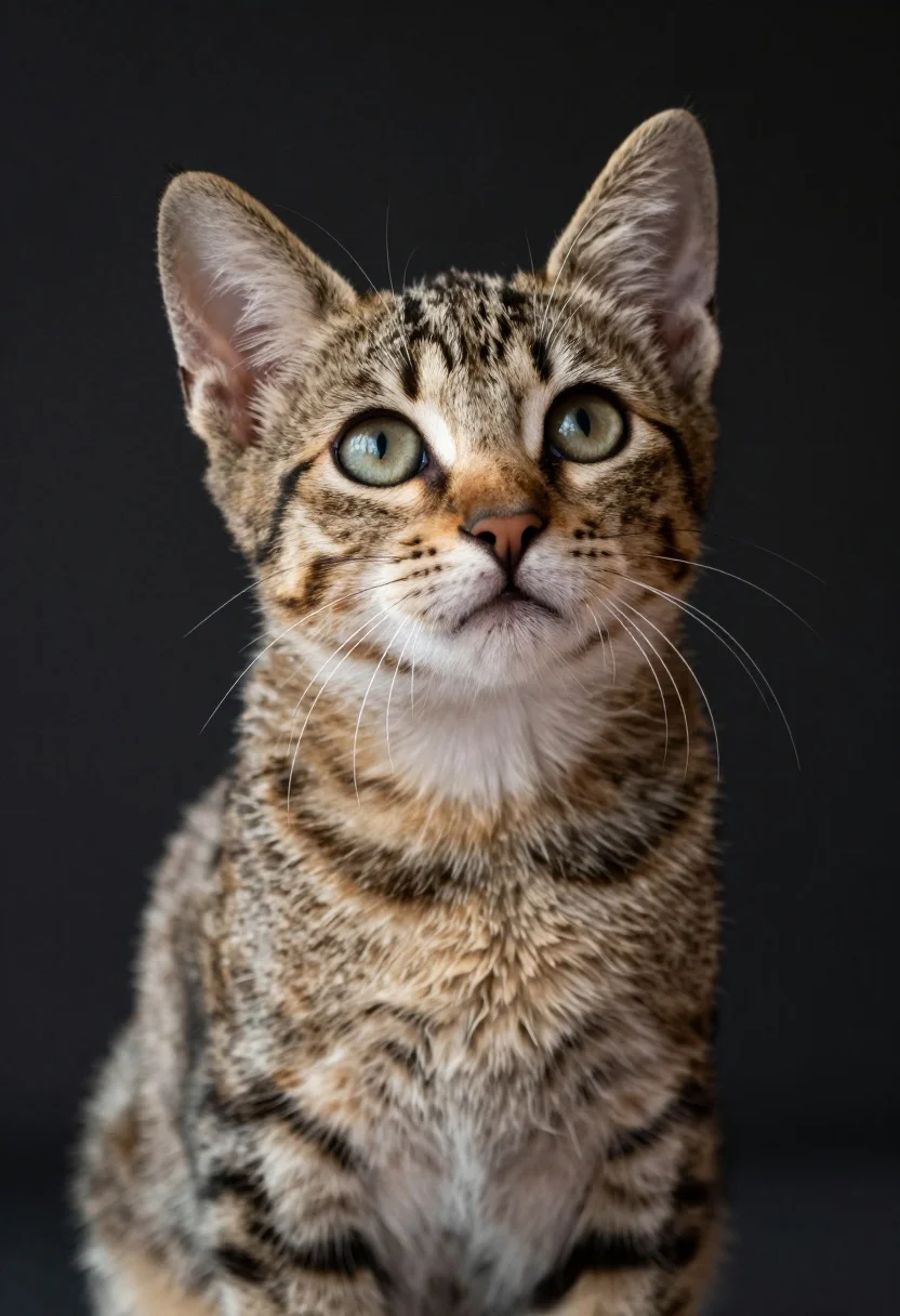 Close up portrait of fluffy tabby kitten looking upward with wide alert - AI generated image prompt sample