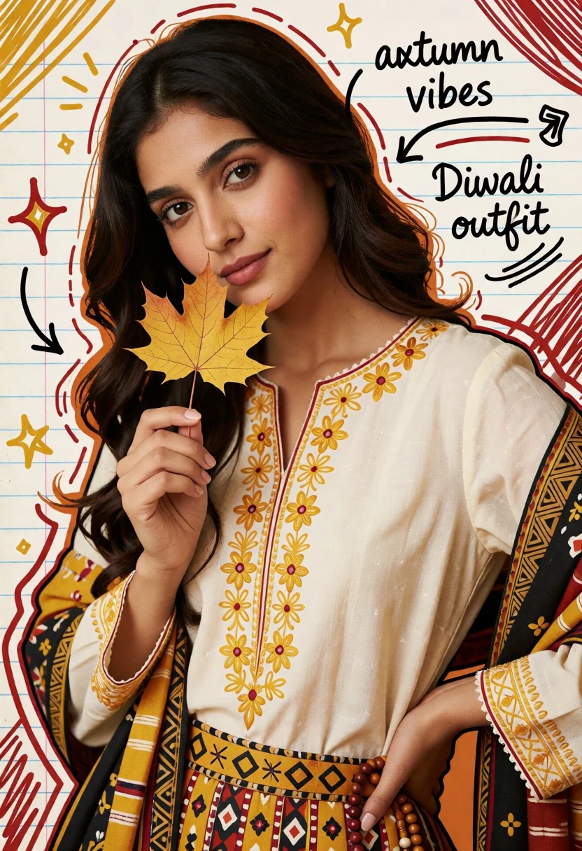 Illustration of young woman in traditional attire holding maple leaf on notebook - AI generated image prompt sample