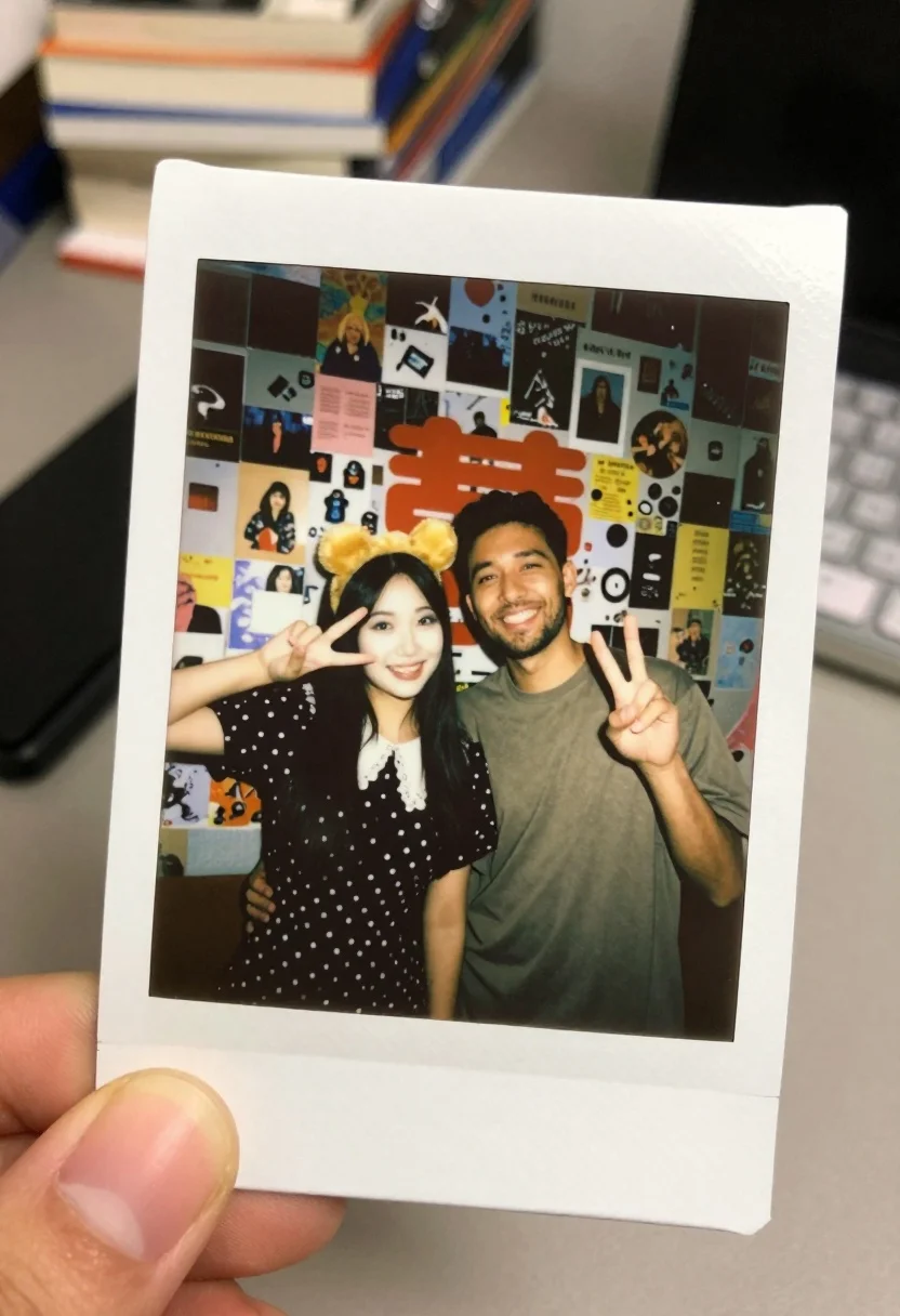 Hand holding an instant photo of a smiling couple in front of - AI generated image prompt sample