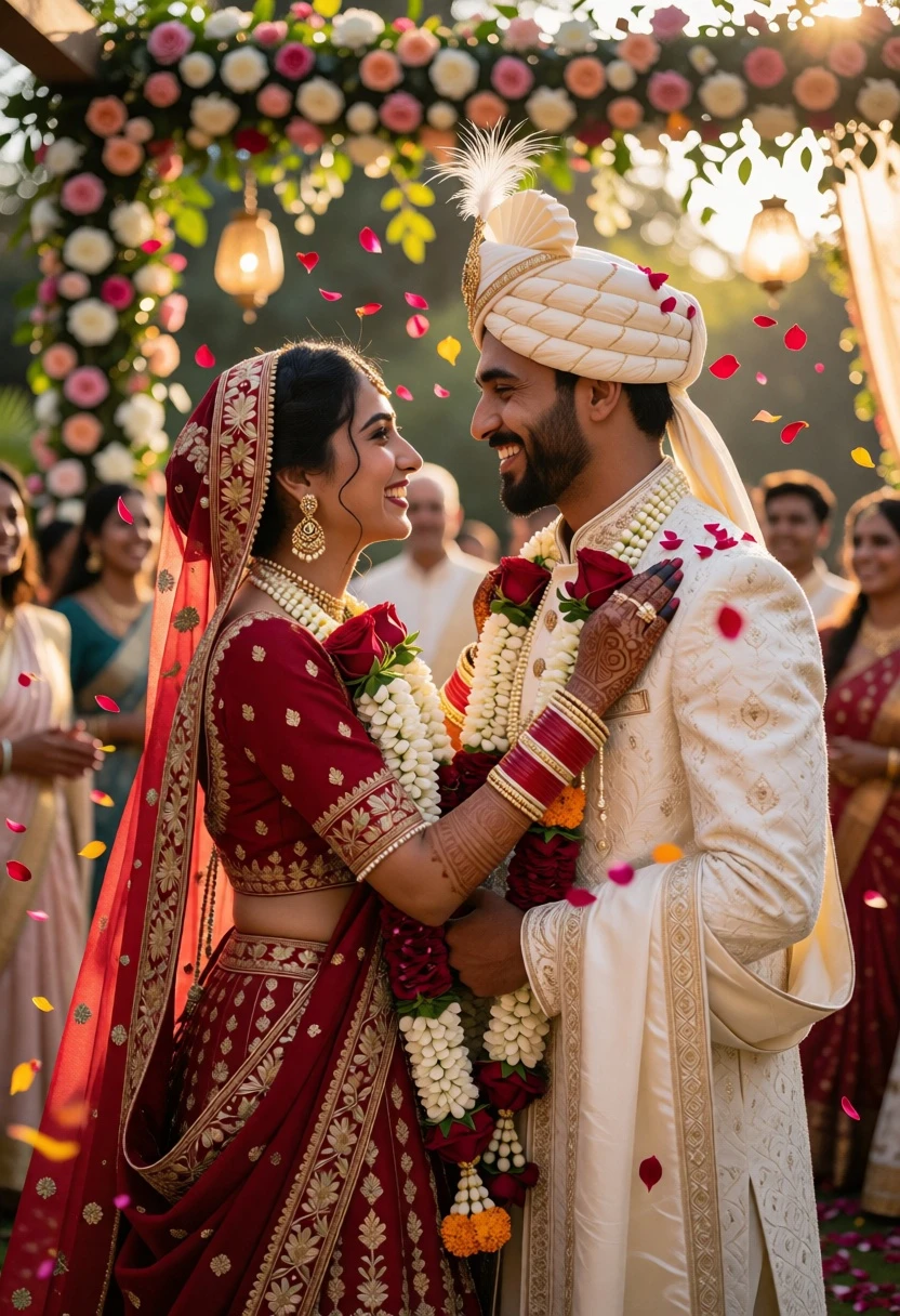 Indian bride and groom sharing gaze under floral arches at golden hour - AI generated image prompt sample