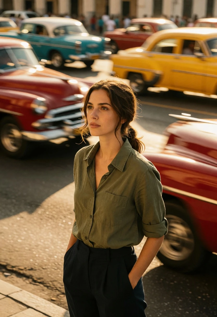 Woman standing still on busy street with motion blurred vintage cars - AI generated image prompt sample