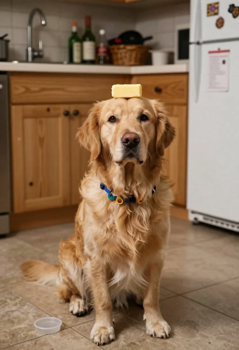 Golden retriever balancing butter on head in kitchen