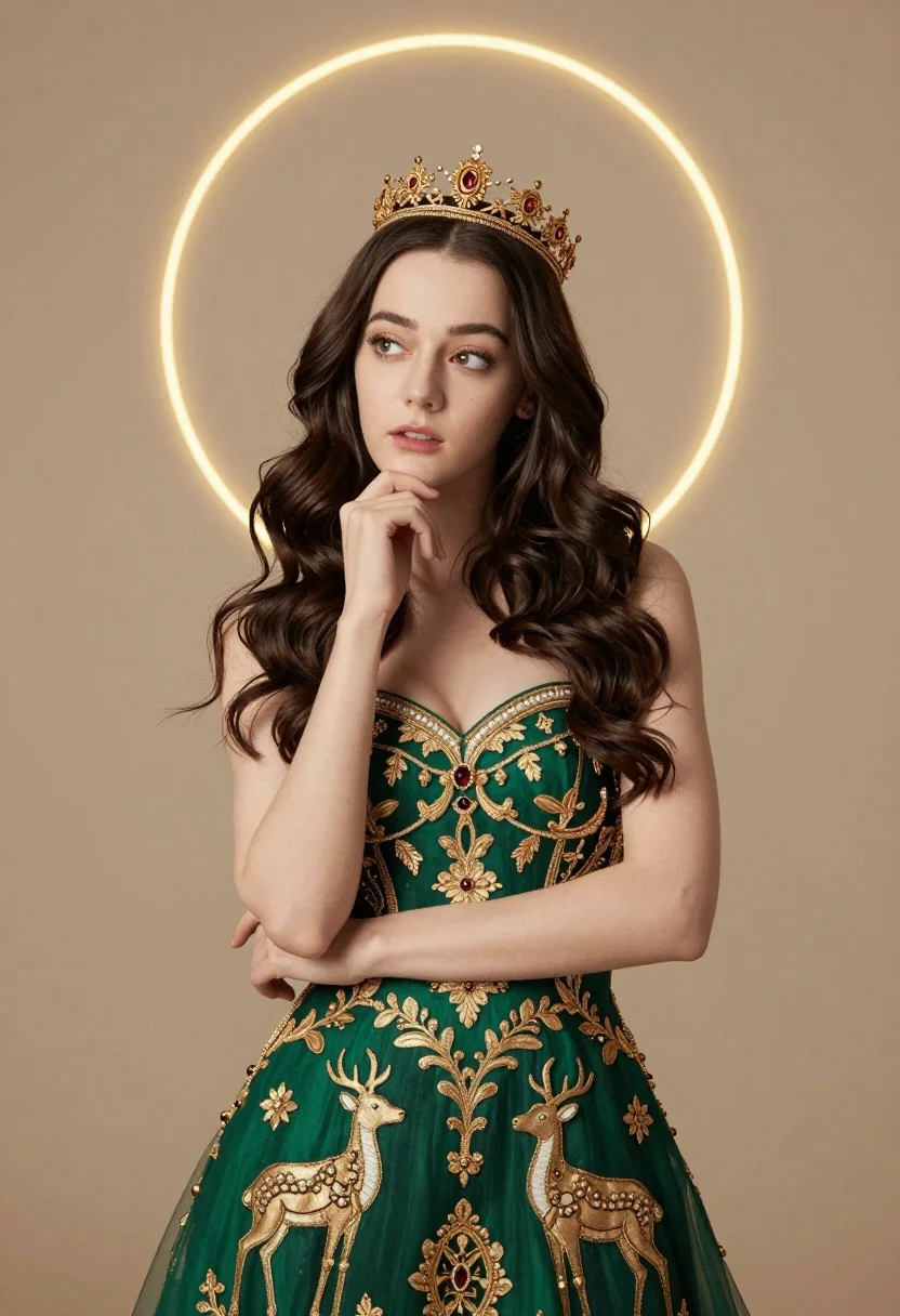 Young woman in emerald gown with golden crown against beige background - AI generated image prompt sample