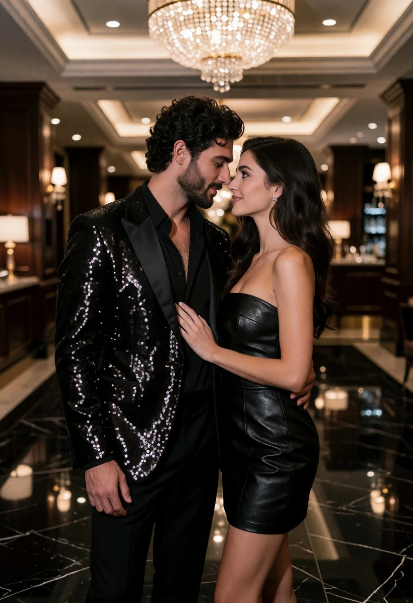 Romantic couple in elegant hotel lobby with black sequin attire - AI generated image prompt sample