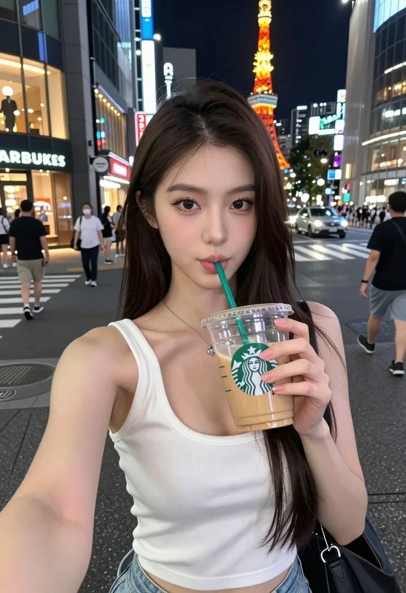 Young east asian woman taking selfie with iced coffee on busy tokyo - AI generated image prompt sample