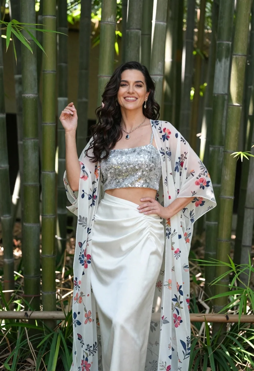 Smiling woman in silver top and white skirt within lush bamboo grove