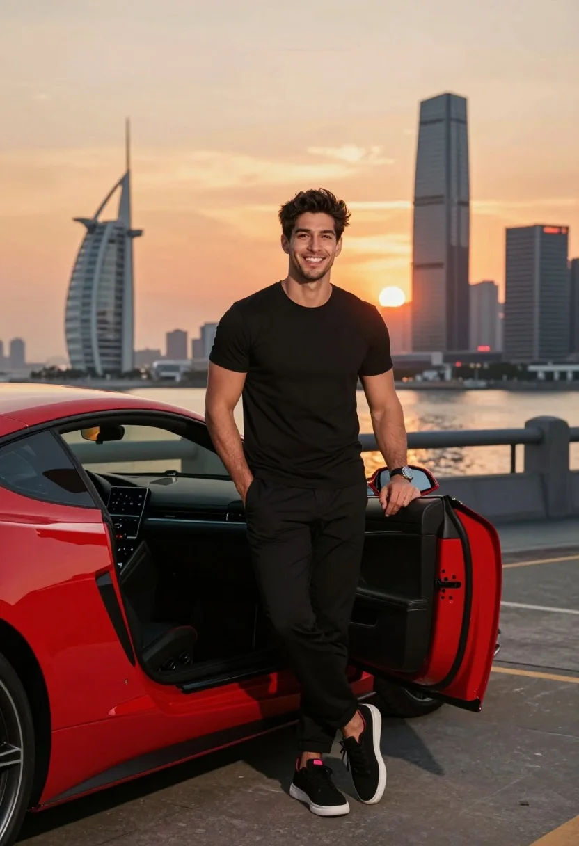 Young man leaning on red sports car overlooking sunset city skyline - AI generated image prompt sample