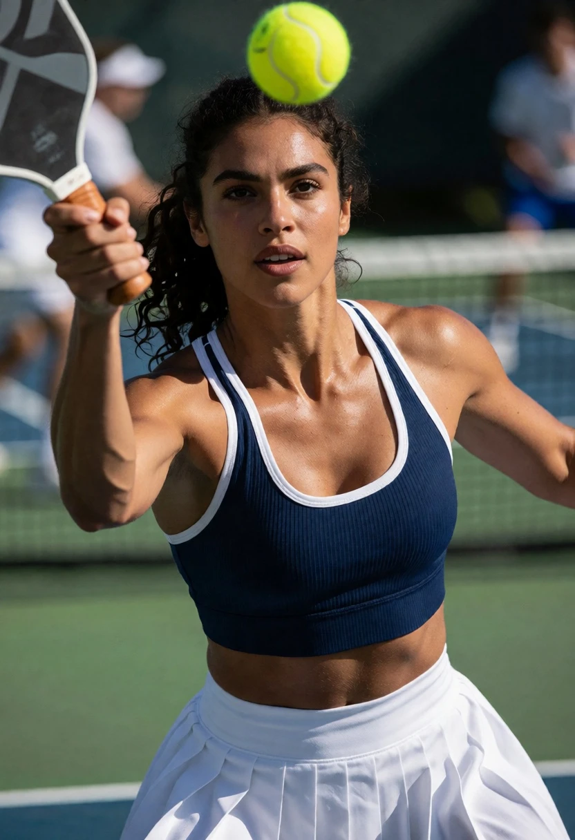 Fit woman swinging pickleball paddle outdoors on a green court - AI generated image prompt sample